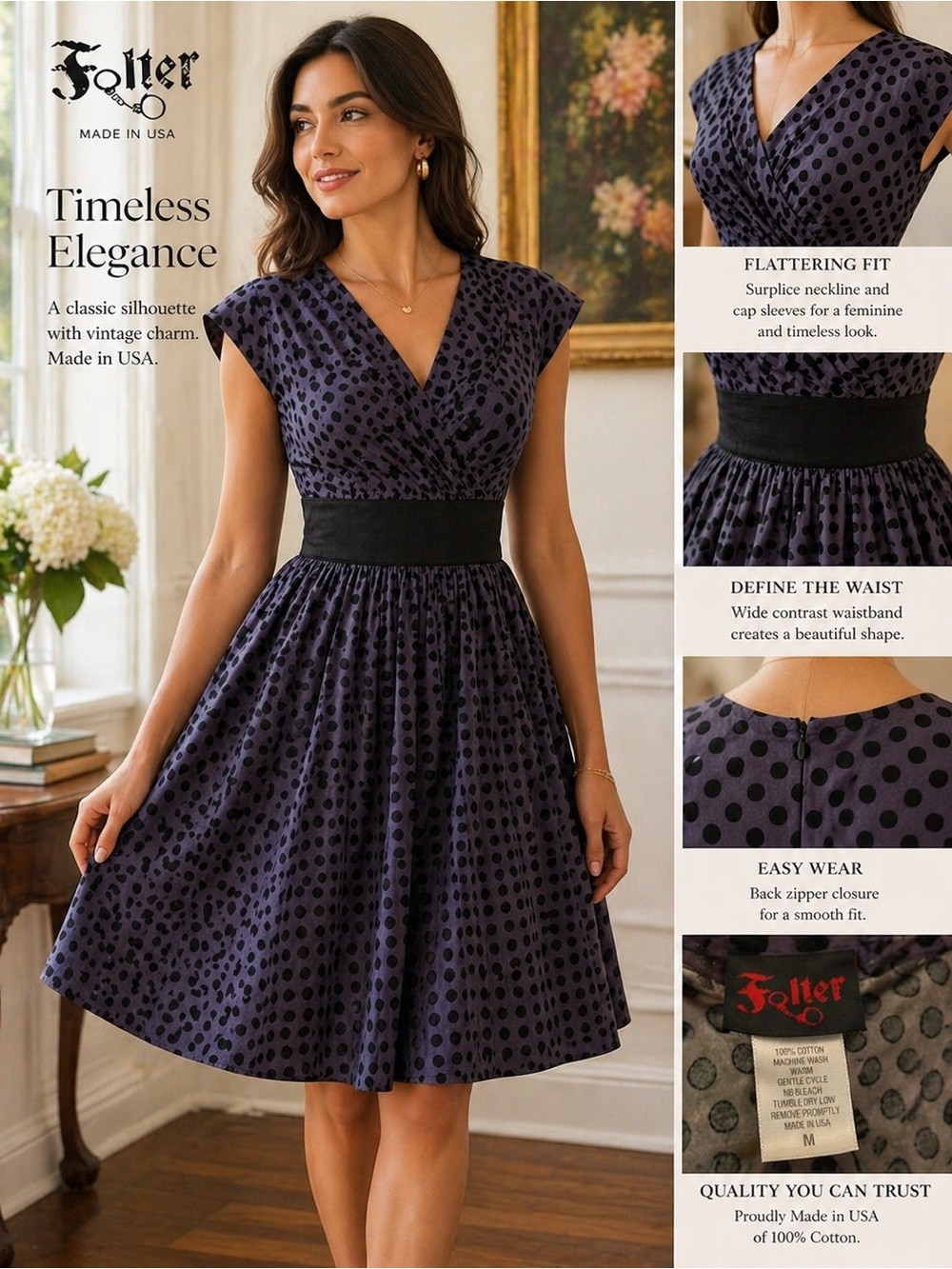 Folter,Polka-Dot Cotton Fit & Flare Dress Retro Swing, Made USA,EUC, Size M - Picture 5 of 11